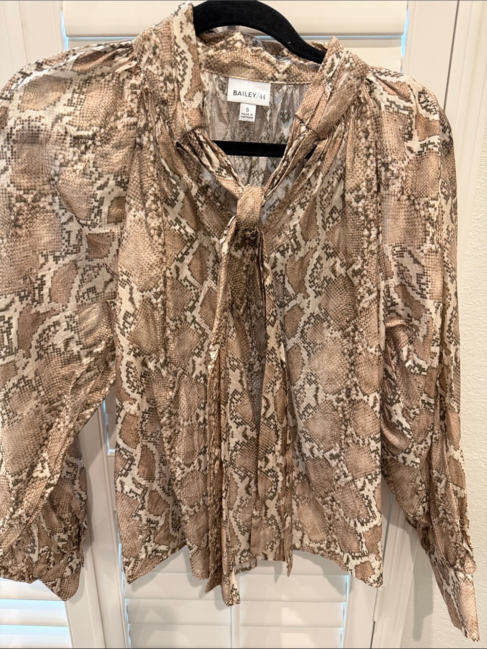 Bailey 44 Neutral Snake-Print Tie-Neck Blouse in Taupe and Cream
